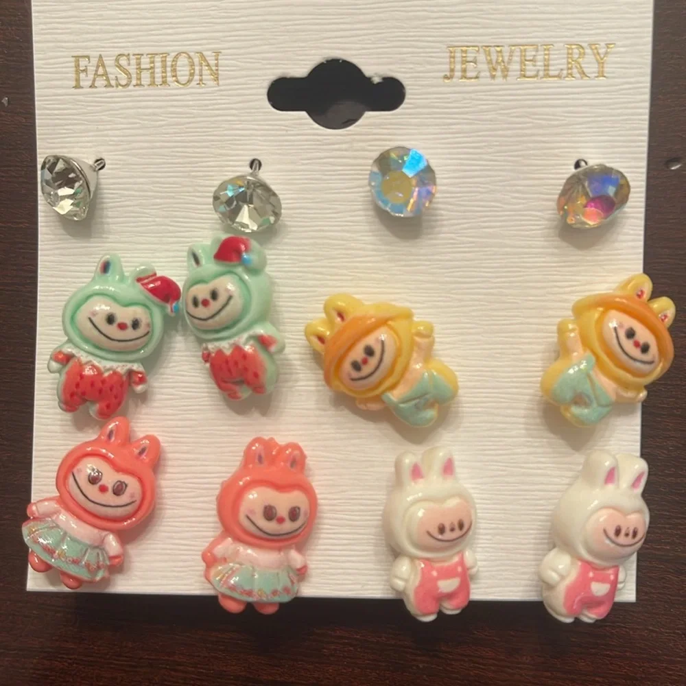 Colorful Cartoon Labubu Monster Character Earrings Set of four pairs with bonus